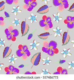 Hand Drawn textures. Vector seamless pattern of hibiscus flowers on gray background. Ideal for web, card, poster, fabric or textile. Creative universal floral pattern in multicolor tropical style.