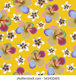 Hand Drawn textures. Vector seamless pattern of hibiscus flowers on yellow background. Ideal for web, card, poster, fabric or textile. Creative universal floral pattern in tropical style.