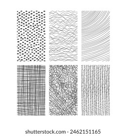 Hand drawn textures vertical backgrounds set. 1920x1080 Freehand black and white abstract textured rectangles collection with grunge line scribbles. Vector illustration svg