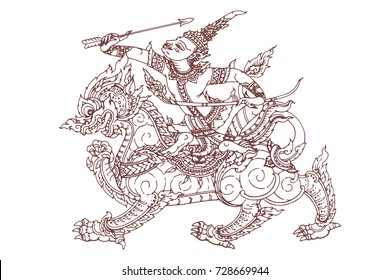 Hand drawn Thai art.Arts of ancient Thailand.The picture is meant Sunday.