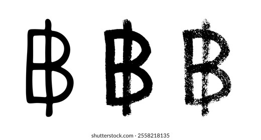 Hand drawn thai baht currency symbol set Brush stroke doodle Single element for design