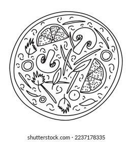 Hand drawn Thai coconut chicken soup vector illustration. Top view Thai soup dish isolated