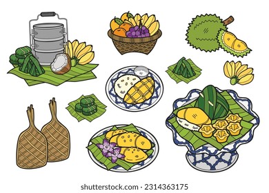 Hand Drawn Thai dessert collection in flat style illustration for business ideas isolated on background