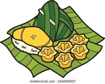 Hand Drawn Thai desserts and banana leaves illustration isolated on background