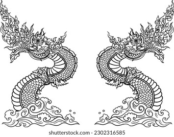Hand drawn Thai Dragon on water, Line Thai is Thailand Style and Tattoo design.The Naga is a wild animal in Himmapan Forest.