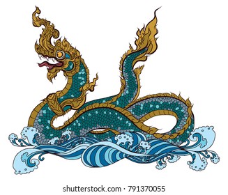 Hand drawn Thai Dragon on water, Line Thai is Thailand Style and Tattoo design.The Naga is a wild animal in Himmapan Forest.