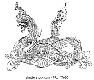 Hand drawn Thai Dragon on water, Line Thai is Thailand Style and Tattoo design.The Naga is a wild animal in Himmapan Forest.