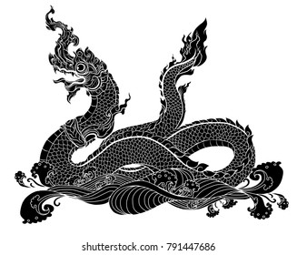 Hand drawn Thai Dragon on water, Line Thai is Thailand Style and Tattoo design.The Naga is a wild animal in Himmapan Forest.