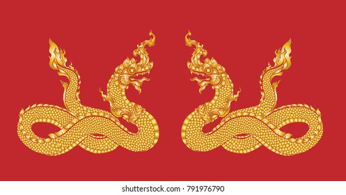 Hand drawn Thai Dragon on water, Line Thai is Thailand Style and Tattoo design.The Naga is a wild animal in Himmapan Forest.