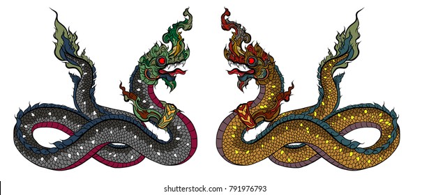 Hand drawn Thai Dragon on water, Line Thai is Thailand Style and Tattoo design.The Naga is a wild animal in Himmapan Forest.