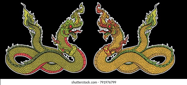 Hand drawn Thai Dragon on water, Line Thai is Thailand Style and Tattoo design.The Naga is a wild animal in Himmapan Forest.