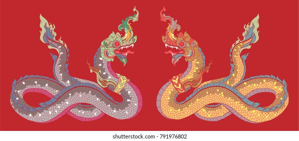 Hand drawn Thai Dragon on water, Line Thai is Thailand Style and Tattoo design.The Naga is a wild animal in Himmapan Forest.