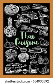 Hand drawn Thai food and herbs on a chalk board, vector