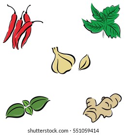 Hand Drawn Of Thai Food Ingredients