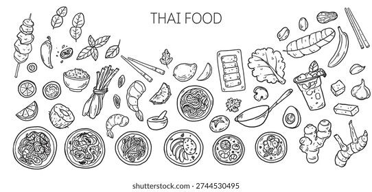 Hand drawn Thai food sketch . Whimsical food and drink doodles set. Hand drawn vector illustration for menu, packaging design. Thai cuisine quirky icons, simple sketch style. Minimalist line art