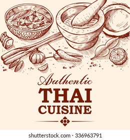 Hand drawn of Thai food tom yum soup and ingredients