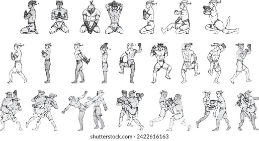 Hand drawn Thai martial arts and Muay thai boran. Vector Sketch Thai Boxers Fighting. Muay thai ancient. 
Boxing fighters figures on white background. Vector icon Set. Text. Tiger King.