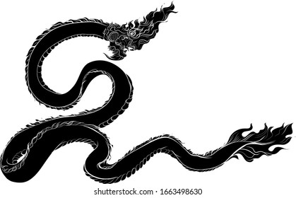 Hand drawn Thai Naga snake vector printing.Japanese old dragon for tattoo. Traditional Asian tattoo the old dragon vector.King snake is Symbol of buddhism.