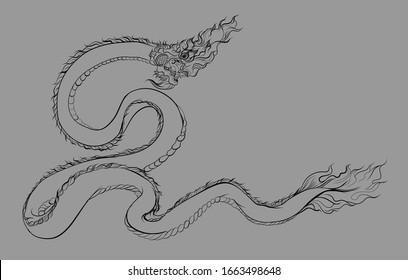 Impresión vectorial de serpiente Thai Naga dibujada a mano. Viejo dragón japonés para tatuajes. El tatuaje tradicional asiático del antiguo vector del dragón. La serpiente del rey es símbolo del budismo.