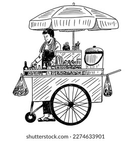 Hand drawn Thai street food vendor and his cart