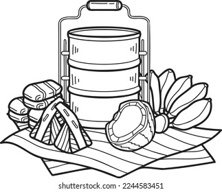 handgezeichnete thailändische Tiffin und thailändische Lebensmittelgrafik einzeln auf Hintergrund