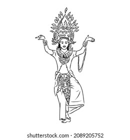 Hand drawn Thai traditional dancing style female ghost on white background for concept of happy Halloween. Vector illustration in doodle art style
