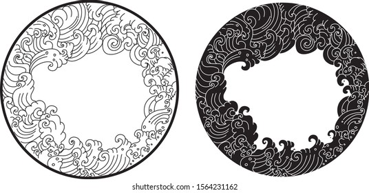 Hand drawn Thai wave in circle.Doodle art style asian ocean wave tattoo.Japanese wave in circle.