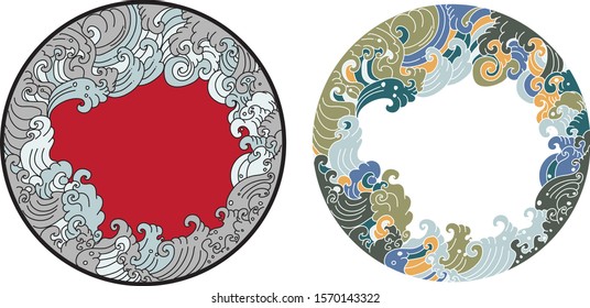Hand drawn Thai wave in circle.Doodle art style asian ocean wave tattoo.Japanese wave in circle.