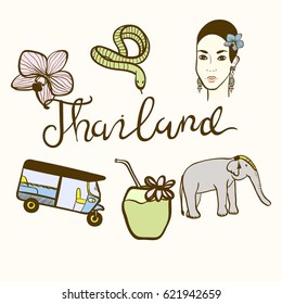 Hand drawn Thailand doodle set isolated on white background. Vector illustration.