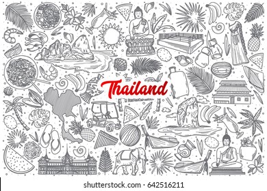 Hand drawn Thailand doodle set background with red lettering in vector