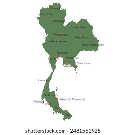 Hand drawn Thailand map with cities. Silhouette, South East Asia geography. Bangkok, Chiang Mai, Phuket. Vector isolated on white background