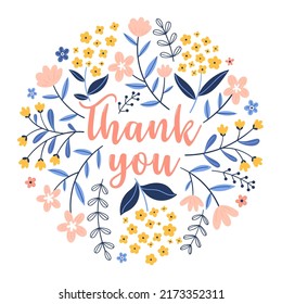 Hand drawn thank you concept with floral element. Can be used for postcards, invitations, greeting cards.