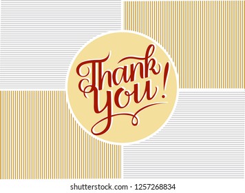 Hand drawn "Thank you" lettering text, calligraphy. Gold and silver striped background. Good for greeting card.