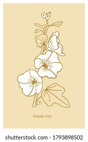 Tarjeta postal "Gracias" dibujada a mano con flores mallow. Plantilla de tarjeta de saludo floral. Ilustración botánica de estilo gráfico vectorial.