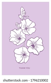 Tarjeta postal "Gracias" dibujada a mano con flores mordaces en el fondo violeta. Plantilla de tarjeta de saludo floral. Ilustración botánica de estilo gráfico vectorial.