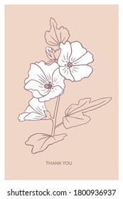 Tarjeta postal dibujada a mano "Gracias" con flores mallow en el fondo rosado. Plantilla de tarjeta de saludo floral. Ilustración botánica de estilo gráfico vectorial.