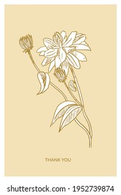 Hand drawn "Thank you" post card with flowers on the yellow background. Floral greeting card template. Vector sketch style botanical illustration.