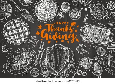 Hand drawn Thanksgiving dinner on a blackboard, Vector Illustration