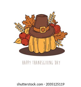 Hand drawn Thanksgiving elements for card design. Holiday card in doodle style on white