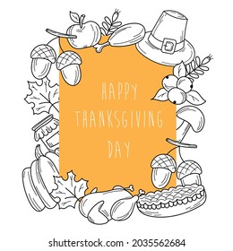 Hand drawn Thanksgiving elements for card design. Holiday card in doodle style on white