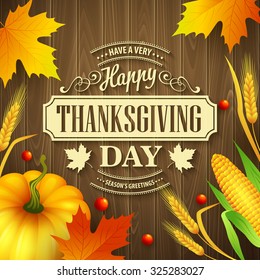 Hand drawn thanksgiving greeting card with leaves, pumpkin and spica on wood background. Vector illustration EPS 10