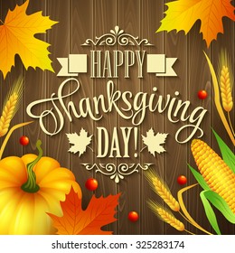 Hand drawn thanksgiving greeting card with leaves, pumpkin and spica on wood background. Vector illustration EPS 10