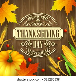 Hand drawn thanksgiving greeting card with leaves, pumpkin and spica on wood background. Vector illustration EPS 10