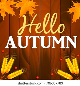 Hand drawn thanksgiving greeting card with leaves, and spica on wood background. Vector illustration