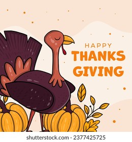 hand drawn Thanksgiving illustration with turkey cock, leaves, and pumpkins