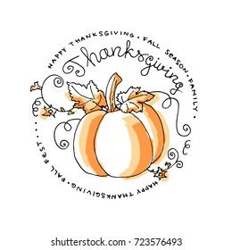 Hand drawn Thanksgiving pumpkin with text in circle