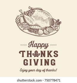 Hand drawn Thanksgiving roasted turkey background, Vector Illustration