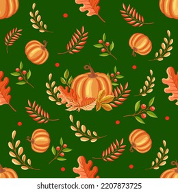 Hand drawn Thanksgiving seamless pattern with pumpkin and autumn foliage on bright green background. Suitable for digital paper and wrapping paper design.