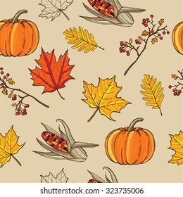Hand drawn Thanksgiving seamless pattern. Maple  and oak leaves, branches and berries, pumpkin, indian corn