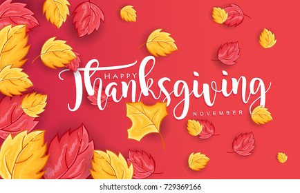 Hand drawn Thanksgiving typography with leaves on red Background. Thanksgiving vector vintage style calligraphy for Poster, Postcard and Invitation card